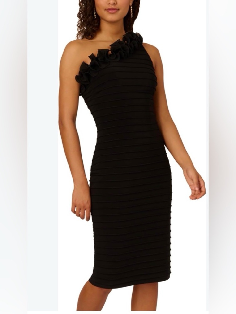 Adrianna Papell NWT Women's Black Ruffled Neckline Pintuck Dress. Size: 14